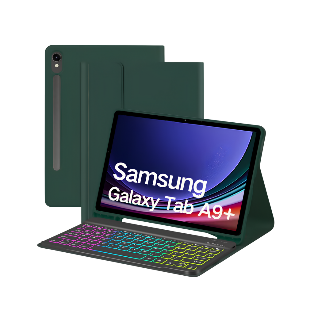 Keyboard Case, compatible with Samsung Galaxy Tab A9+ 11'' green, Wireless, Bluetooth, LED lighting, Protective case