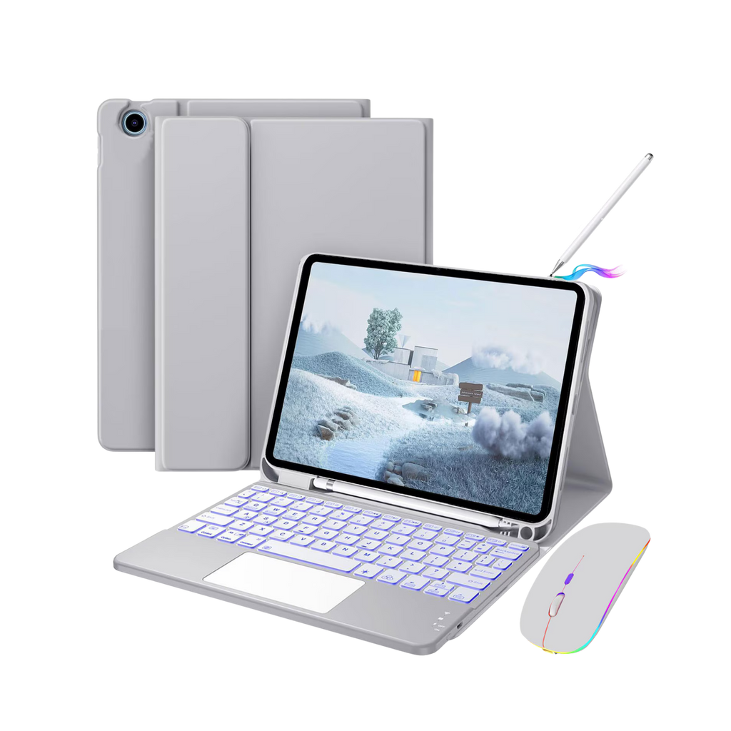 Touchpad Keyboard Case, JODAKOR®, For Samsung Galaxy Tab A9 Plus 11", Wireless, Bluetooth, 7-Color Backlight, With Pen, Mouse, Silicone Keyboard Membrane, Gray