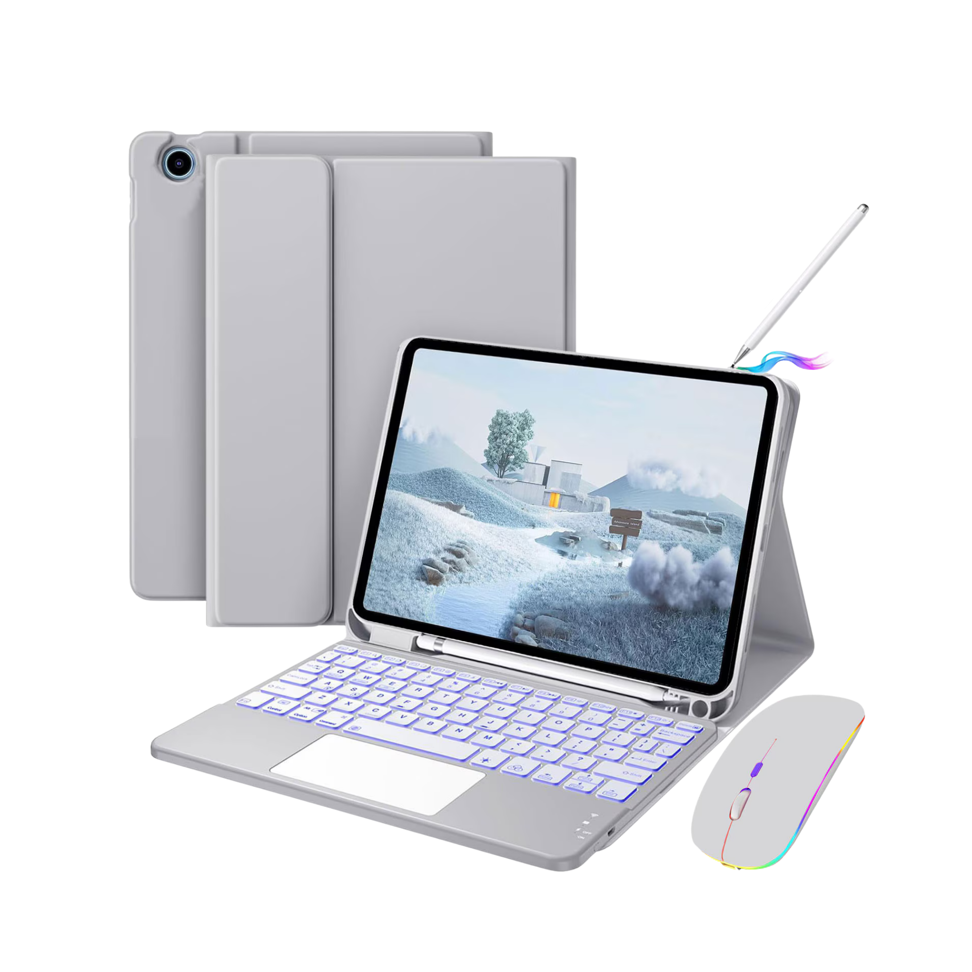 Touchpad Keyboard Case, JODAKOR®, For Samsung Galaxy Tab A9 Plus 11", Wireless, Bluetooth, 7-Color Backlight, With Pen, Mouse, Silicone Keyboard Membrane, Gray