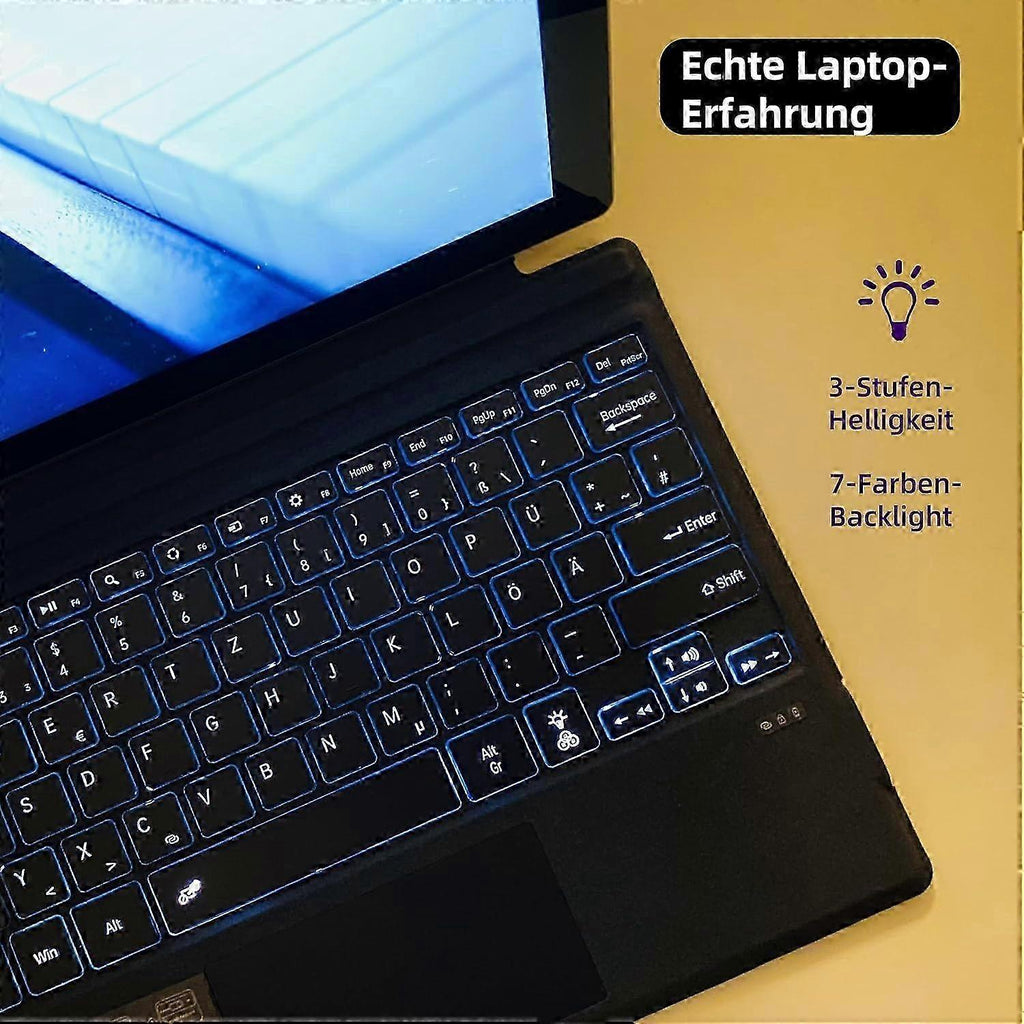 Bluetooth German keyboard with touchpad, 7-color backlight, USB-C charging, compatible with Surface Pro 13 (Copilot+)/Pro 11/Pro 10/Pro 9/Pro 8/Pro X, black