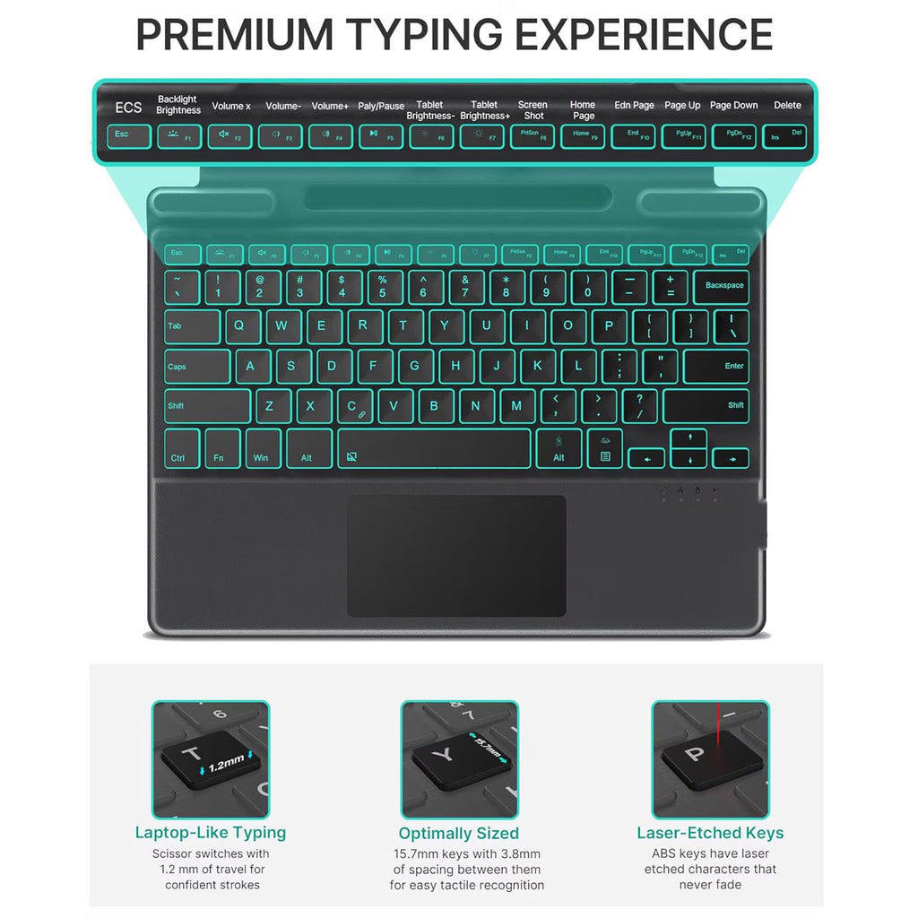 Wireless Keyboard, With touchpad and stylus pen support, Adjustable angle, Non-slip bottom, Capacitive pen, Portable, Bluetooth connection, 7-color backlight