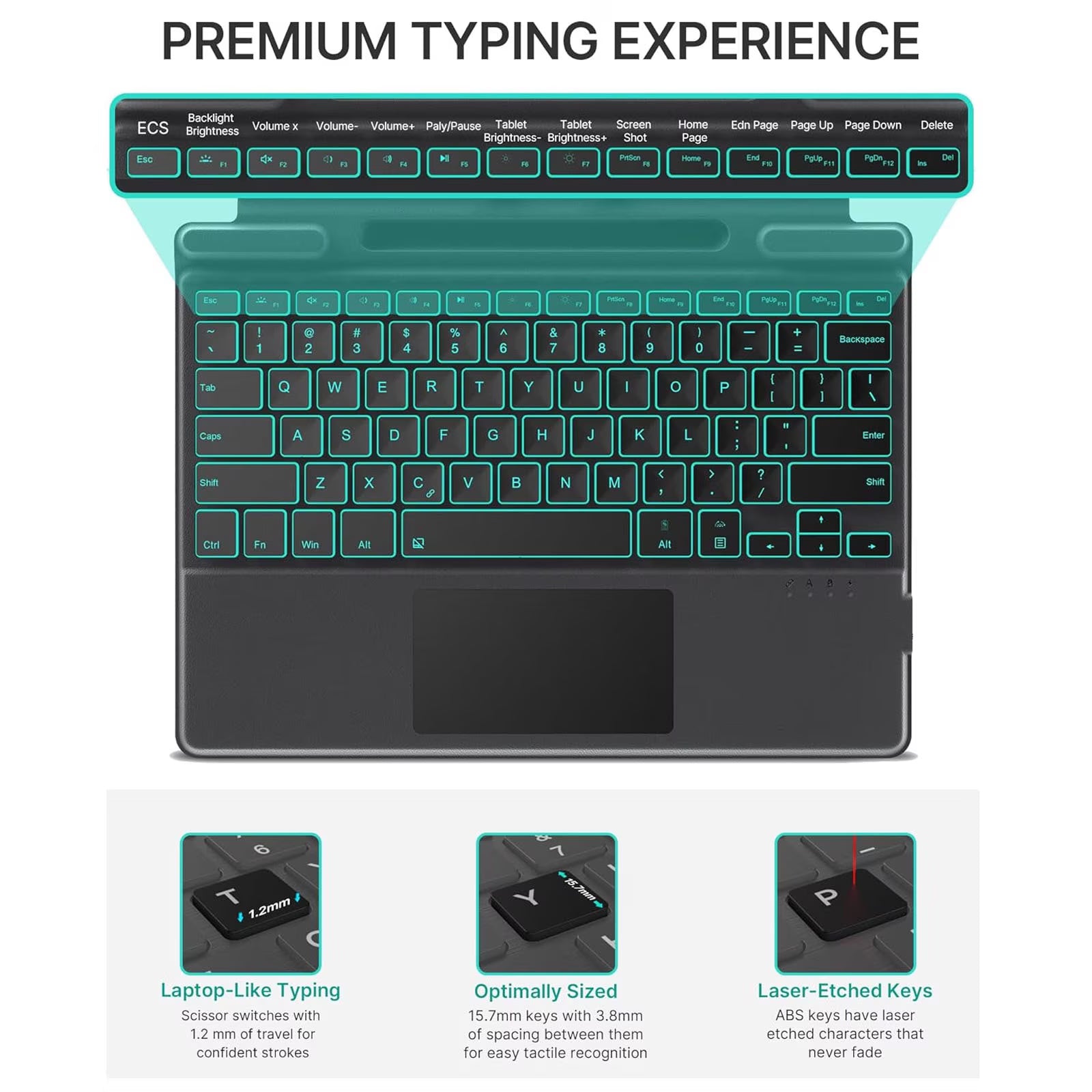 Wireless Keyboard, With touchpad and stylus pen support, Adjustable angle, Non-slip bottom, Capacitive pen, Portable, Bluetooth connection, 7-color backlight