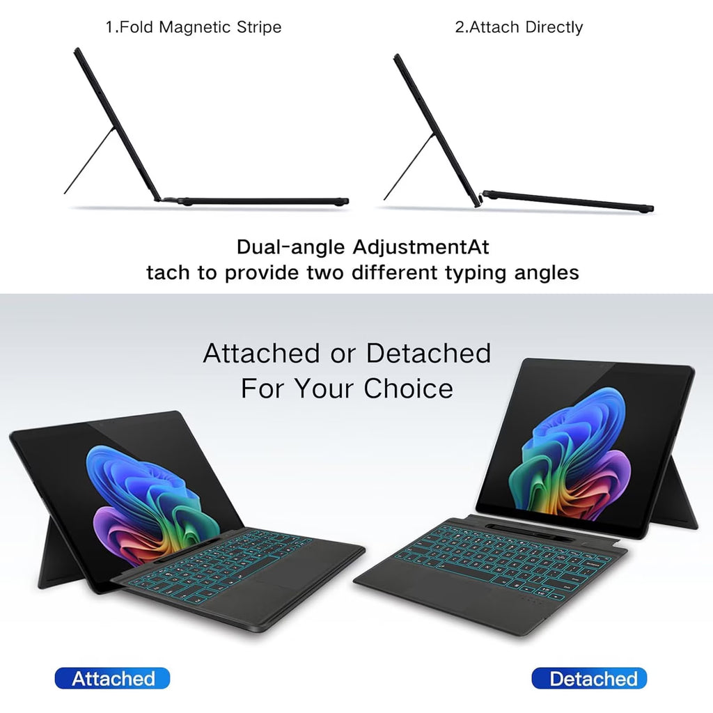 Wireless Keyboard, With touchpad and stylus pen support, Adjustable angle, Non-slip bottom, Capacitive pen, Portable, Bluetooth connection, 7-color backlight