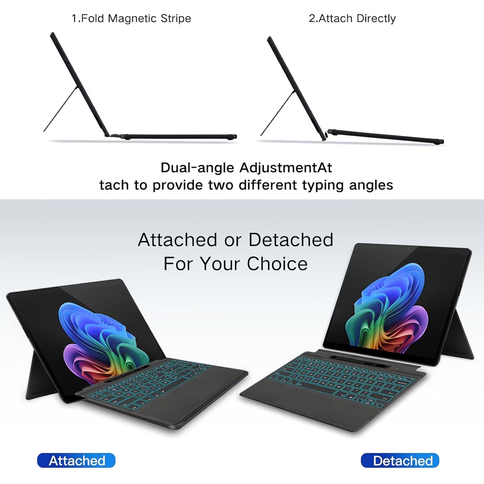 Wireless Keyboard, With touchpad and stylus pen support, Adjustable angle, Non-slip bottom, Capacitive pen, Portable, Bluetooth connection, 7-color backlight