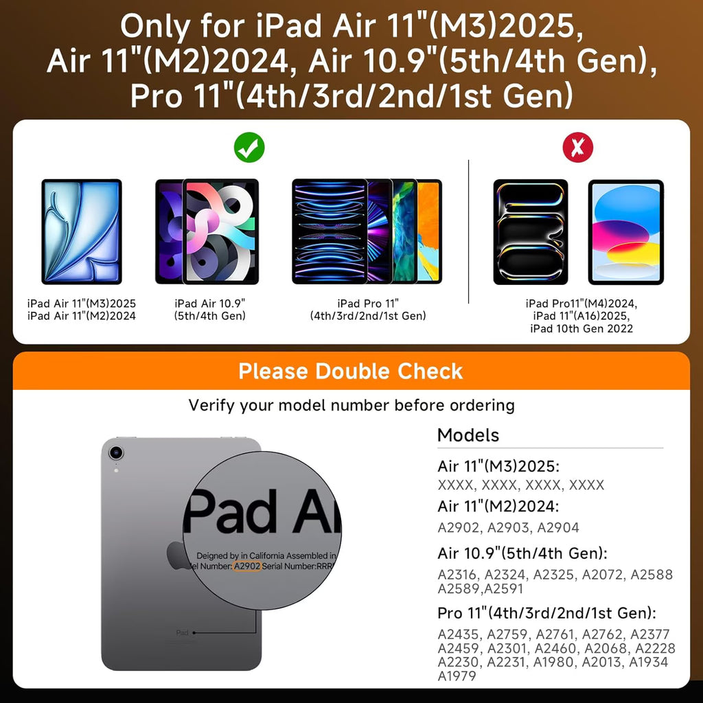 Compatible for iPad Air 11" Case With Keyboard (M3/M2, 2025/2024) and Air 5/4th Gen, iPad Pro 11 (2022/2021/2020/2018). 360 ° Rotating Multi-Touch Trackpad, Black