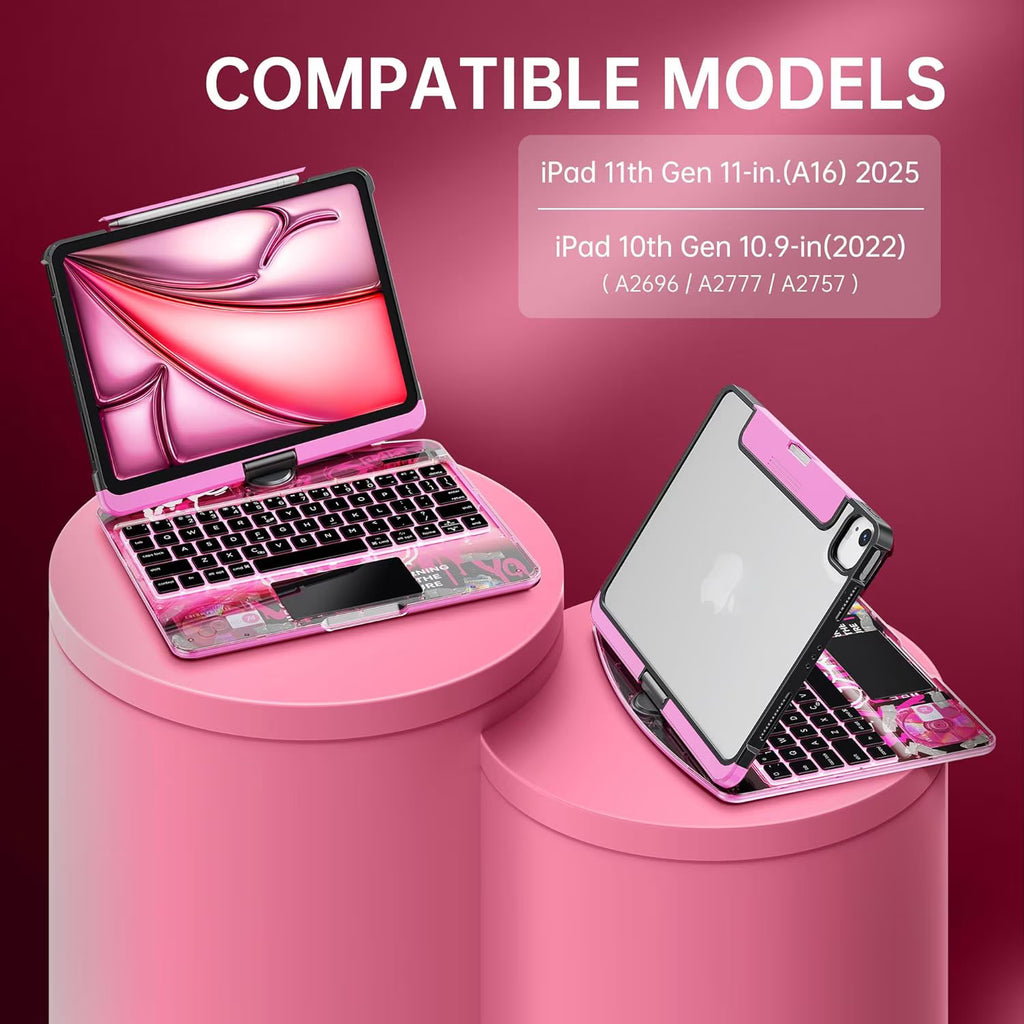 Compatible for iPad Air 11" Case With Keyboard (M3/M2, 2025/2024) and Air 5/4th Gen, iPad Pro 11 (2022/2021/2020/2018). 360 ° Rotating Multi-Touch Trackpad, RGB Backlit Keyboard Pink