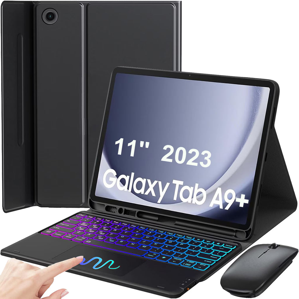 Touchpad Keyboard Case, For Samsung Galaxy Tab A9 Plus 11", Wireless, Bluetooth, 7-Color Backlight, With Pen, Mouse, Silicone Keyboard Membrane