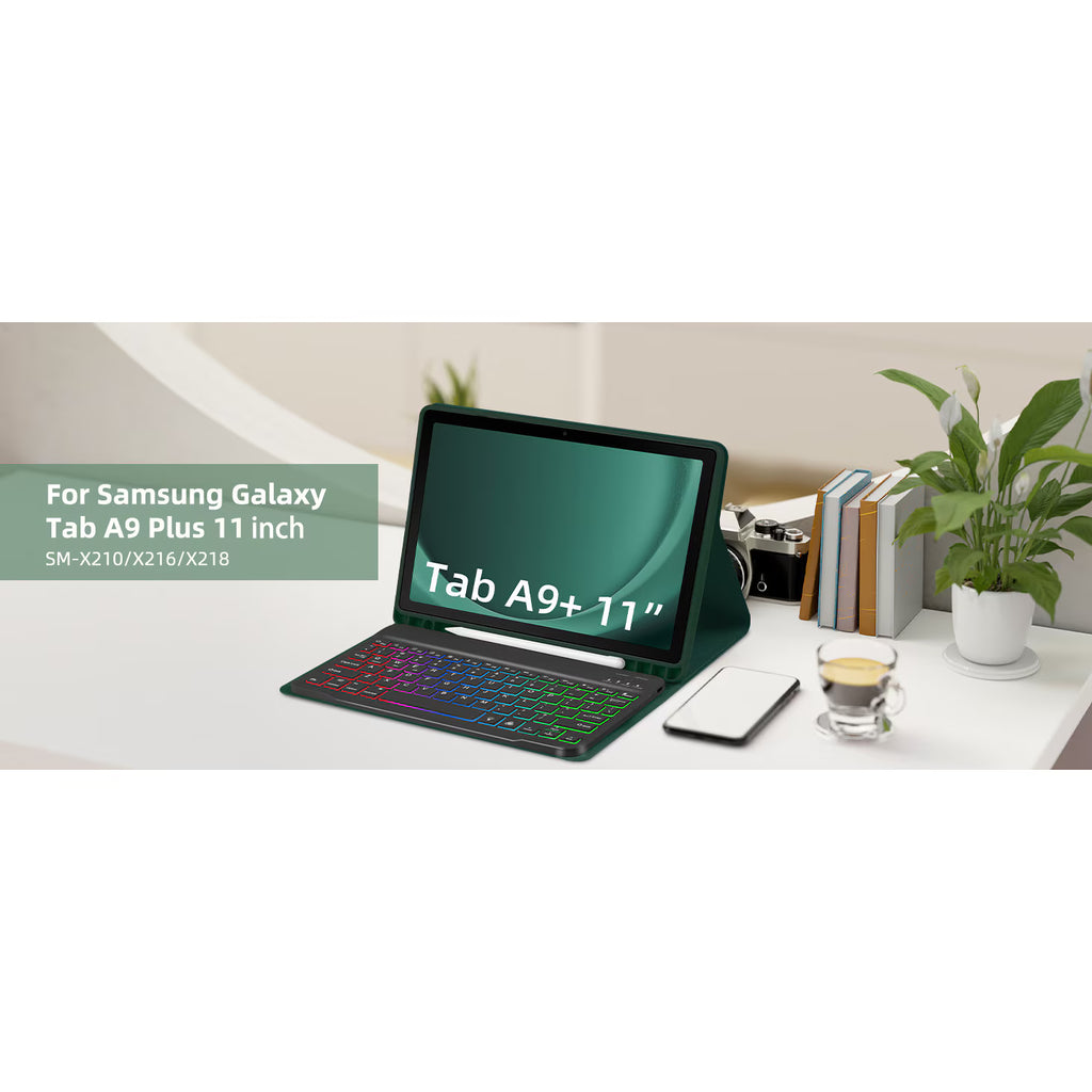 Keyboard Case, compatible with Samsung Galaxy Tab A9+ 11'' green, Wireless, Bluetooth, LED lighting, Protective case