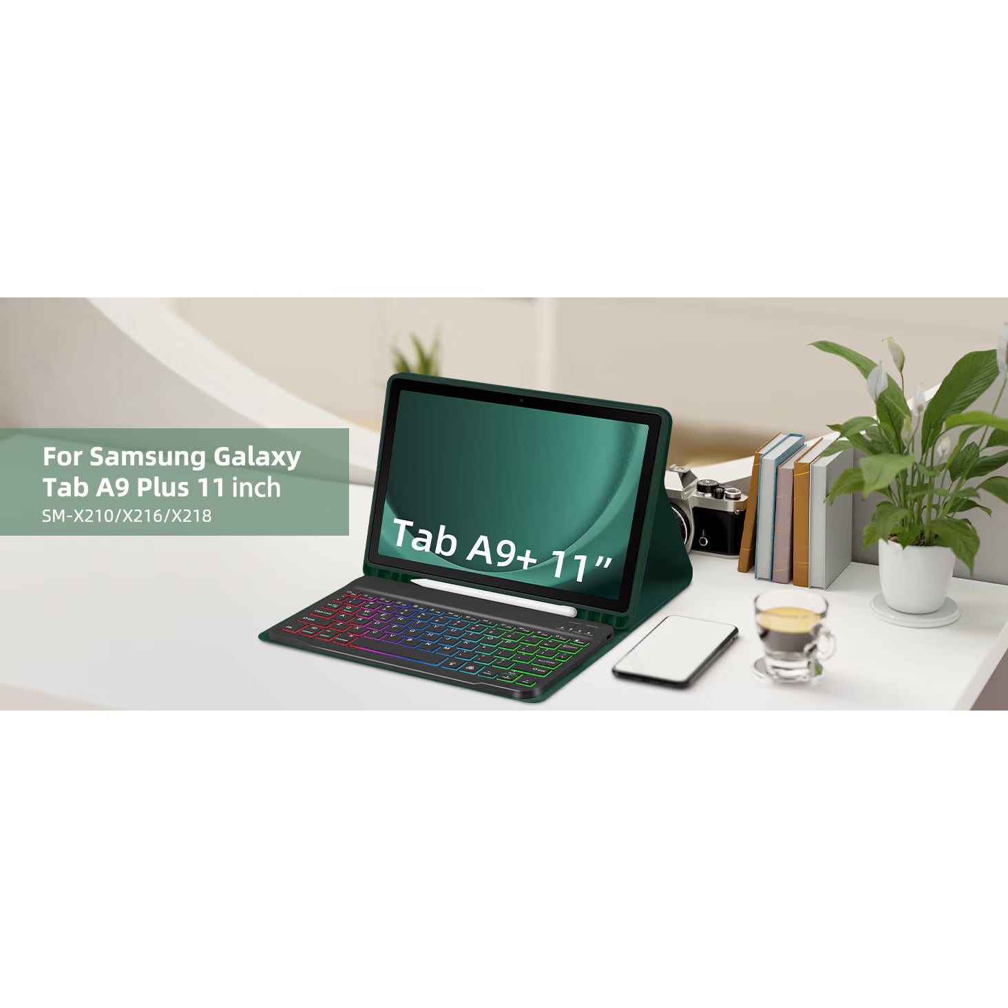 Keyboard Case, compatible with Samsung Galaxy Tab A9+ 11'' green, Wireless, Bluetooth, LED lighting, Protective case
