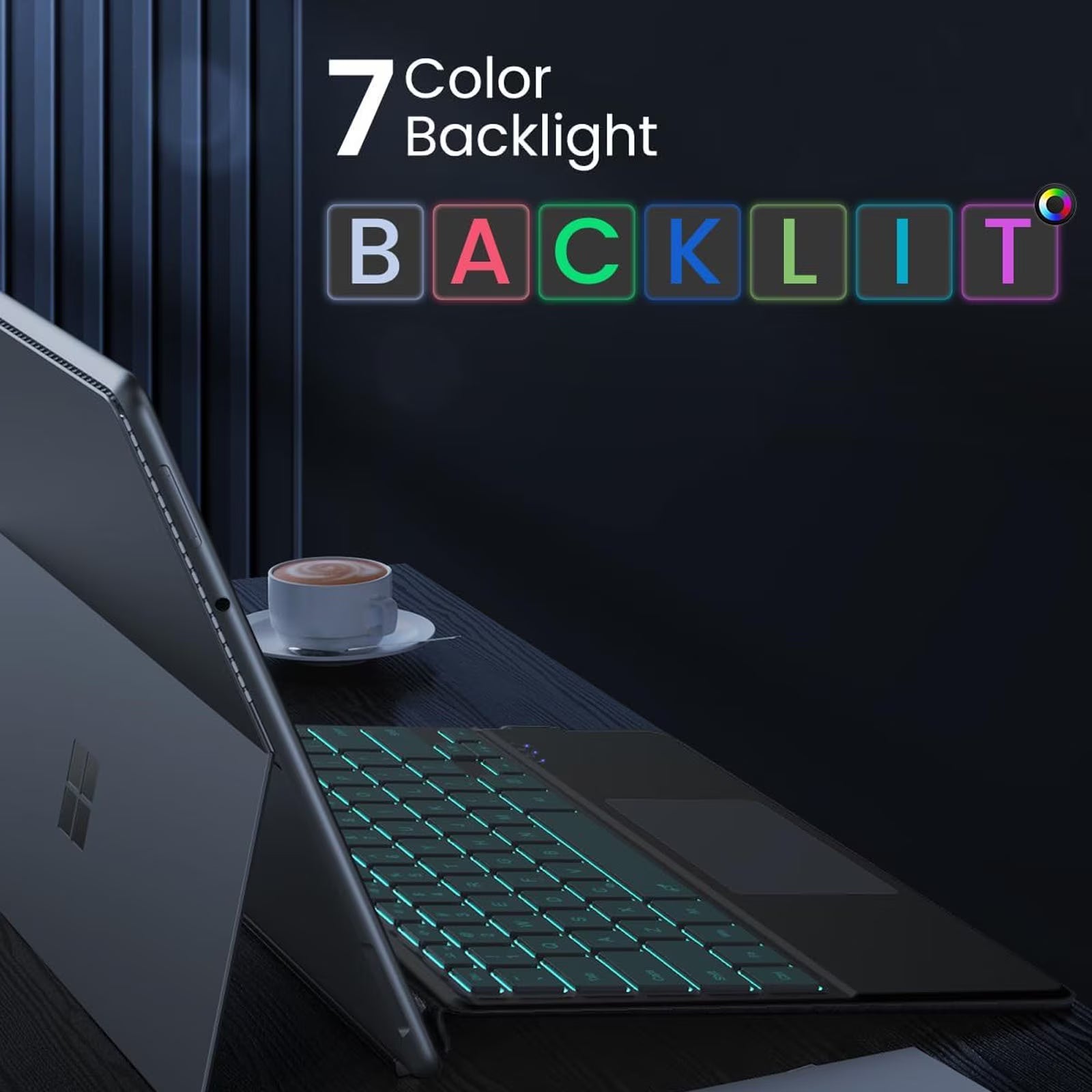 Wireless Keyboard, With touchpad and stylus pen support, Adjustable angle, Non-slip bottom, Capacitive pen, Portable, Bluetooth connection, 7-color backlight