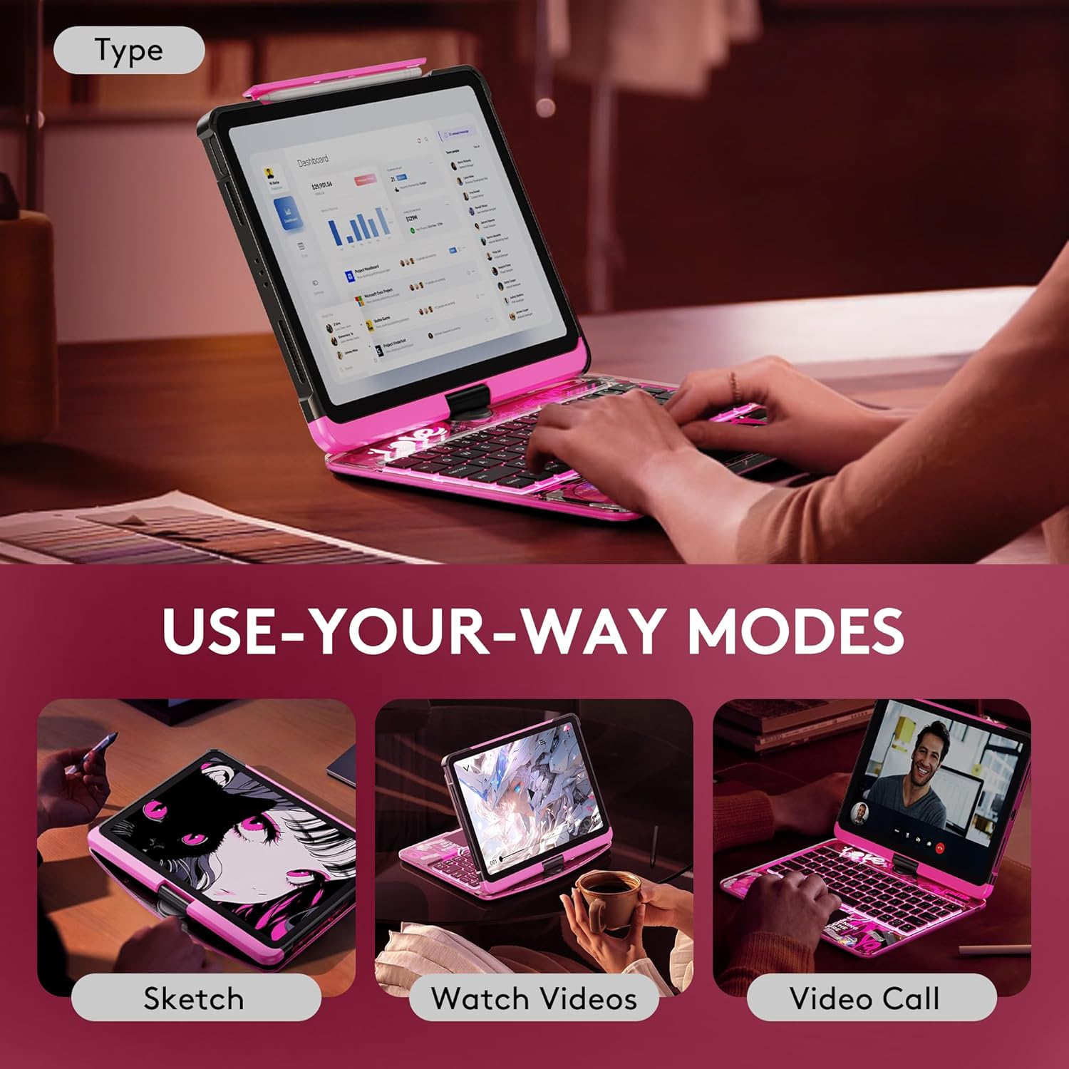 Compatible for iPad Air 11" Case With Keyboard (M3/M2, 2025/2024) and Air 5/4th Gen, iPad Pro 11 (2022/2021/2020/2018). 360 ° Rotating Multi-Touch Trackpad, RGB Backlit Keyboard Pink